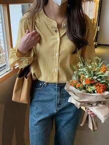 Camisa de mujer Camisa de cuadros amarilla para mujer, de primavera y otoño, con cuello alto, holgada, que adelgaza, de manga larga y con botones en una sola hilera - Amarillo - Ver 7