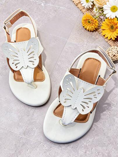 1 Pair Fashion Children's Flat Sandals, Girls' Thong Sandals With Bow Decor, Hook And Loop Design, Suitable For Daily Outing, Wedding Party, Summer Holiday