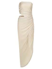 女士优雅开衩褶裥镂空连衣裙，纯色褶裥无肩带性感不对称派对礼服，夏季婚礼春季 - 杏色 - 查看 5