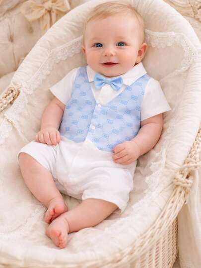 Hibobi 1 pieza Body corto para bebé niño, estilo pequeño caballero con lazo, ideal para verano, para bebés de 0 a 18 meses