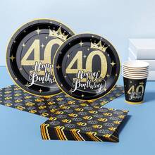 40th Black Gold Dots Happy Birthday Disposable Plate, Napkin, Cup Set, Plates, Napkins And Cups Party Supplies, Serves 8 Guests, Disposable Paper Plates Party Tableware Suitable For Birthday, Wedding, Theme Party, Family Picnic - Multicolor - View 3