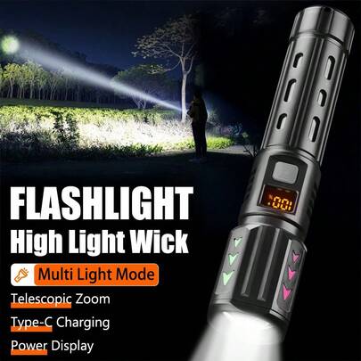 高流明可充电手电筒，带变焦功能，远射程，户外便携式家用照明，夜钓应急手电筒