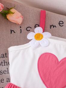 Baby Girl Daisy Strap Top With Pink Bow Shorts, Heart Accent, Cute & Fresh Outfit Set - Pink - View 5