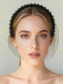 Black Pearl Headband, Large Mesh Bridal Veil, French Romantic Mysterious Retro Veil For Wedding, Costume Party, Holiday Gift, Daily Wear - Black - View 2