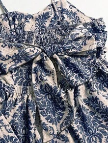 女士度假植物印花荷叶边褶皱吊带连衣裙，夏季优雅 - 藍色 - 查看 7