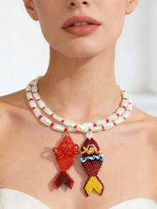 2件套波西米亚风串珠项链套装，卡通可爱小鱼吊坠和不对称珍珠颈链，春季派对礼物和夏季海滩度假首饰 - 彩色 - 查看 2