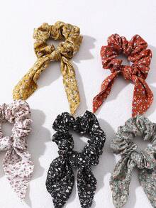 5pcs Women's Minimalist Ditsy Floral Rabbit Ear Hair Scrunchies, Suitable For Daily, Festival, Party, Casual Occasions Hair Ties Ponytail Holder Scrunchy Hair Ties Beauty Home Hair Accessories Hair Elastics,Travel,Birthday - Multicolor - View 3