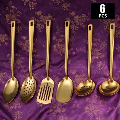 6 ชิ้น ชุดช้อนส้อมสเตนเลส, ชุดช้อนส้อมสเตนเลสแบบใช้ร่วมกัน, อุปกรณ์ครัวสีทอง, ชุดเครื่องมือครัวสเตนเลส, อุปกรณ์ทำอาหารสเตนเลส, ชุดเครื่องใช้บนโต๊ะอาหารอเนกประสงค์