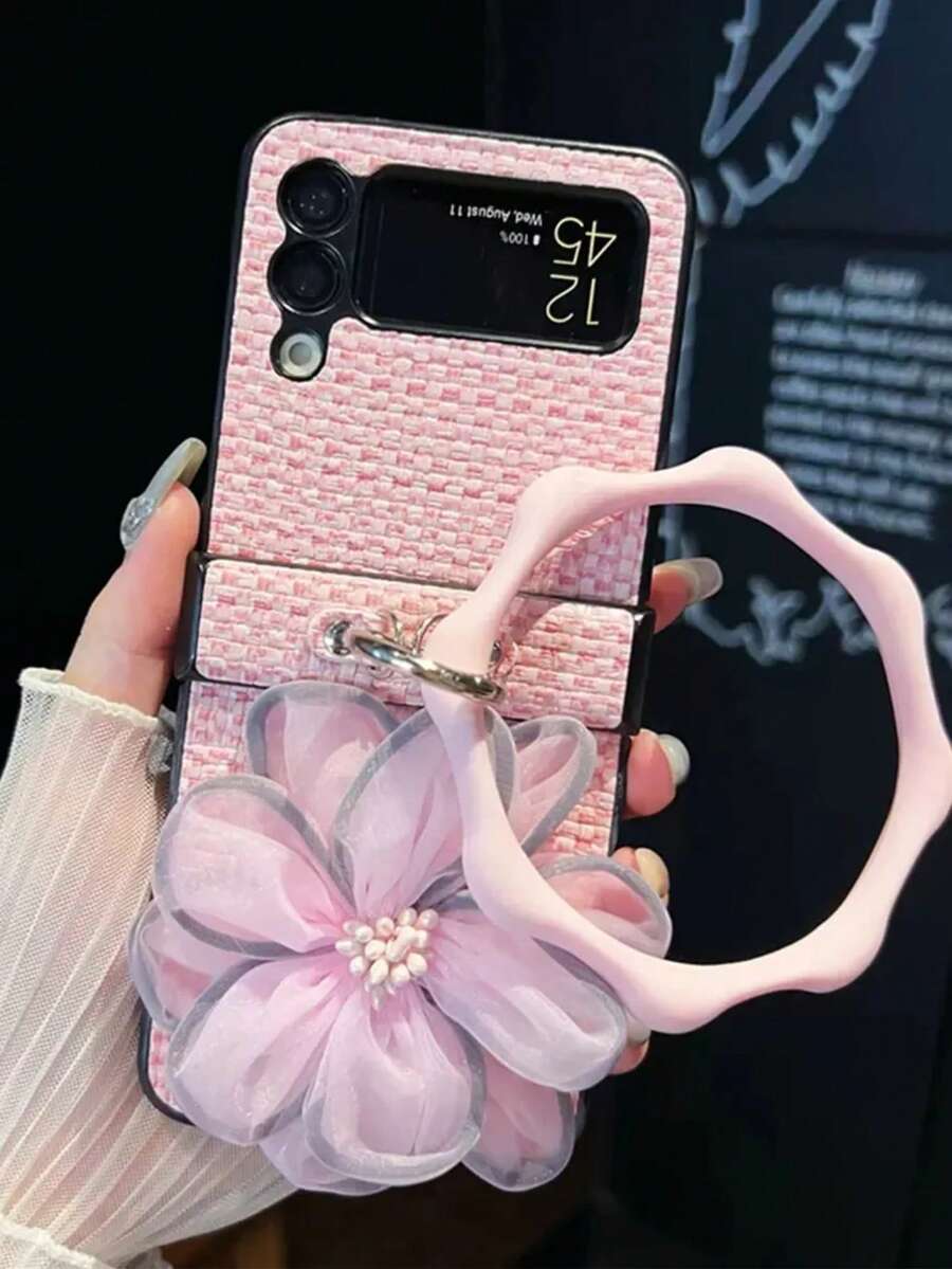 高级3D花卉编织纹理可折叠手机壳，带腕带，兼容三星Galaxy Z Flip3 5G/Galaxy Z Flip 4 5G/Galaxy Z Flip 5 5G/Galaxy Z Flip 6 5G/Galaxy Z Flip 7 5G - 彩色 - 查看 1