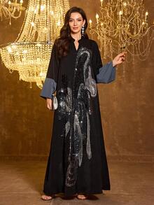 SUPGIR 女士【随机印花】立领长袖手工串珠缎面正式连衣裙 - 黑色 - 查看 4