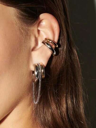 Frminee 1对18K金镶嵌锆石镂空螺旋不锈钢耳钉，不对称双色流苏耳环，情人节礼物