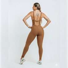 High Compression Shaping Jumpsuit, Anti-Transparency, V-Neck Back, Gym, Workout, Fitness - Lạc đà - Xem 3