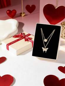 1pc Gold-Plated Women's Necklace, Butterfly & Flower Chain Necklace, Mother's Day Gift, Jewelry Gift Box - Golden 2 - View 3