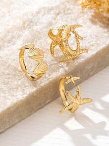 3件套夏季海滩度假海洋系列海星/贝壳元素女士魅力戒指套装，独特设计开口戒指，适合女性佩戴 - 金色 - 查看 5