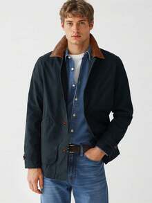 Runcati Men's Spring Vintage Military Cotton Barn Jacket Lightweight Button Down Casual Pockets Outdoor Outwear - 藏蓝色 - 查看 1