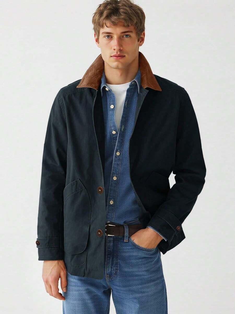 Runcati Men's Spring Vintage Military Cotton Barn Jacket Lightweight Button Down Casual Pockets Outdoor Outwear - 藏蓝色 - 查看 1