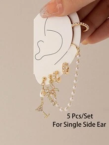 5件套夏日度假波西米亚风耳环套装，沙滩鸡尾酒棕榈树耳环，仿珍珠装饰耳环，夏季饰品 - 彩色 - 查看 5