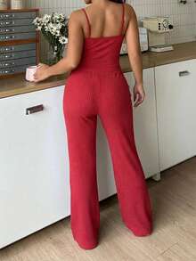 Cotton Women 2 Pcs Contrast Colour Lace Detail V Neck Rib Knit Sexy Top & Long Pants Homewear Comfort Solid Homeweaar Lounge Set - Burgundy - View 2