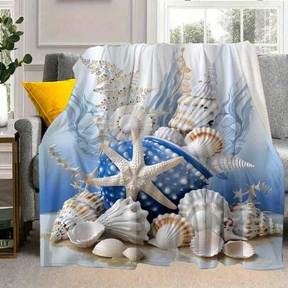 Ocean Coral Shell Pattern Flannel Blanket, Soft & Cozy Plush Texture, Blue Coral Reef Oceanic Theme Decor, All-Season Throw For Home Travel Office, Perfect Gift For Men Women Adults, 1pc, Cozy Flannel Blanket - Multiple Sizes Available, Ultra Soft For Sofa/Bed, Winter Necessity