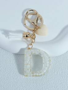 Shiny Marble Texture Uppercase English Resin Letter Set (26 Letters), 18K Gold Plated Lobster Clasp Chain Flat Ring 3 Pieces Set, Fashionable & Casual, Can Be Used As Cup Chain, Bag Chain, Phone Hanging Chain, Perfect For Birthday, Christmas Gifts, Car Accessories, Bag Charms, Campus Style, Gothic Style, Y2K Style - Beige - View 12