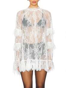 Women's See Through Lace Dress Long Sleeve Crew Neck Casual Loose Sheer Dress Vacation Beach Cocktail Mini Dresses - 白色 - 查看 11