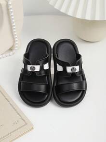 1 Pair Kids Open Toe Anti-Slip Beach Sandals, Children Casual White Bottom Classic Soft Bottom Leisure Slippers, Versatile Toddler Walking Sandals - Black - View 3