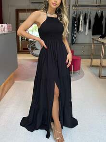 Elastek Elegant Slit Halter Neck Long Dress - Black - View 4