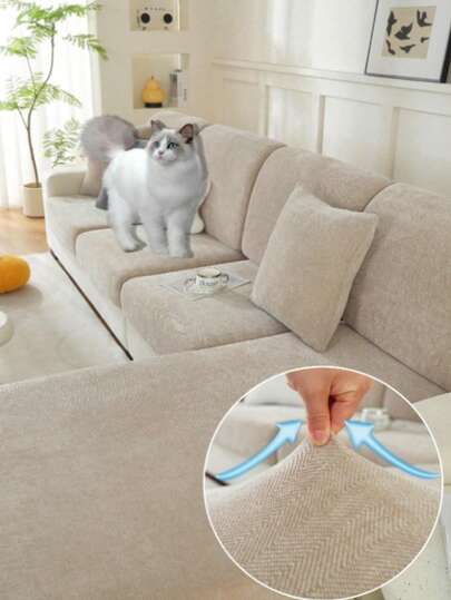 1pc Chenille Fabric Elastic Jacquard Waterproof Sofa Seat Cushion Cover, Non-Slip, Simple & Elegant, Soft & Skin-Friendly, Pet & Dust Proof, Suitable For L-Shaped Sofa 1/2/3/4 Seat Cushion Cover, All Season