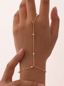 1pc Women's Pearl Chain Finger Ring, Minimalist Fashion Bridal Wedding Hand Decor, Versatile Accessory - Gold - View 3