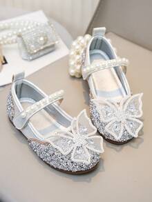 Baby Girl Bow Rhinestone Pearl Flat Shoes Infant Princess Daily Wear Shoes - Silver - View 5