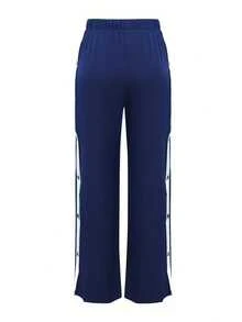 白色和藏蓝色条纹阔腿裤，白色条纹和纽扣设计，休闲舒适，适合运动和日常穿着（可机洗），裤脚无弹性，春季款 - 藏蓝色 - 查看 4