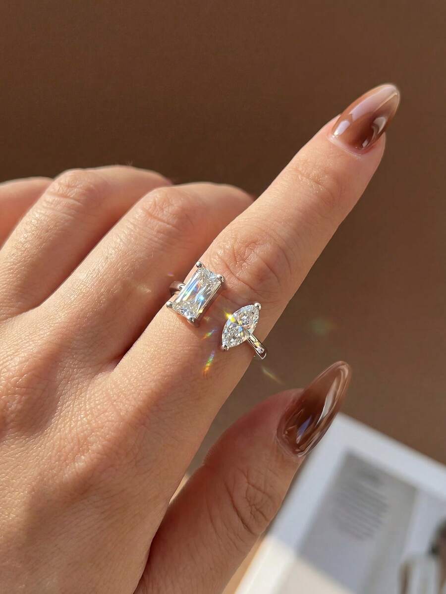 1pc Luxury Teardrop Zirconia Open Ring, 925 Sterling Silver Single Ring, Exquisite Jewelry, Suitable For Girls Birthday, Prom Party Gift - Style 1 - View 1