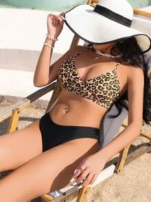 2pcs Leopard Print Criss-Cross Backless Bikini Swimsuit For Women, Sexy Beach Wear With Padded Cups - Black - View 1