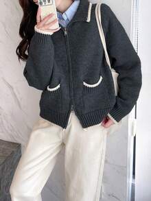 Áo khoác cardigan nữ đơn giản, đa năng, cổ bẻ, có khóa kéo, thích hợp cho mùa Thu/Đông. - Màu xám đen - Xem 5