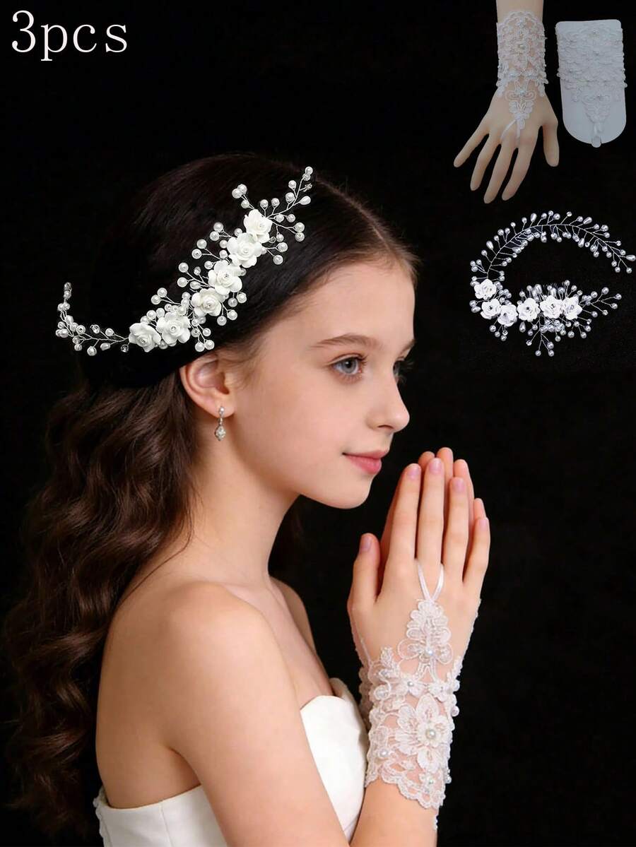 3pcs Set - Girls White Floral Handmade Beaded Hair Clip Accessory + Pearl Lace Short Bridal Gloves - Wedding Dress & Formal Hairstyle Soft Chain Rose Pearl Flower Wreath Set - Suitable For Photography Styling - Multicolor - View 1