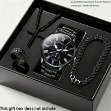 1 Set Men's Casual Fashion Quartz Watch, Large Roman Numeral Dial, Analog Display, Suitable For Daily Wear, Birthday Gift Or Gift For Friends And Family (No Gift Box) - 黑色 - 查看 6