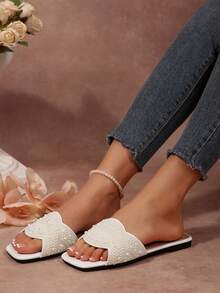 女士新款夏季平底拖鞋，舒适休闲一脚蹬凉鞋，适合室内外穿着，时尚优雅的平底凉拖，春、夏、海滩必备 - 白色 - 查看 3