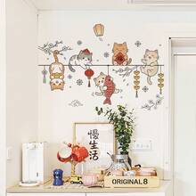 1pc Removable Cat Line Art Wall Decal Sticker - 48012-orange Cat Welcomes Fortune - View 1