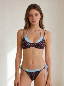 Ladies' Summer Beach Bikini Set, Featuring Soft Chest Cushion Design, Patchwork, Double-Layer Design, Paired With Low Waisted Shorts With Side Straps. Skin Friendly Fabric, Soft And Comfortable Texture, Breathable And Quick Drying, Elastic. Suitable For Swimming, Surfing, Beaches, Tropical Vacations, Honeymoons, Sports, Water Parks, Pool Parties, Etc. - Màu nâu Sô-cô-la - Xem 2