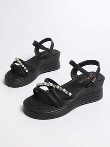 LOCLSVYOU Preppy Style Buckle Criss-Cross Beach Sandals, New 2026 Collection, Gold Buckle, Comfortable Fashion House Slippers, Soft Wedge Thick Sole Round Toe Casual Sport Sandals, Countryside Vacation Sandals With Pearl & Rhinestone Decor - Black - View 8