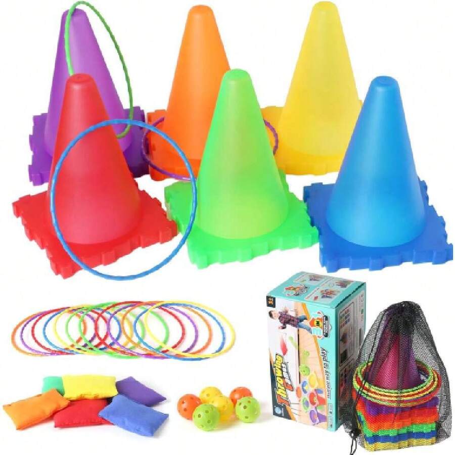 Juego de Carnaval 31 Piezas 3 en 1 para Niños - Conos de Plástico Blando, Bolsas de Frijoles,Juegos de Lanzamiento de Aros - Juego Exterior para Jardín, Fiestas Familiares y de cumpleaños,41024812 - Multicolor - Ver 1