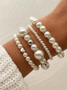 4pcs Set Elegant Vintage Style ABS Faux Pearl Beaded Bracelet Set, Suitable For Daily, Casual, Commute Wear, Valentine's Day & Birthday Gift - Silver - View 3