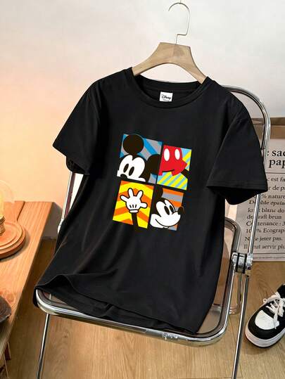 Disney 迪士尼米奇波普艺术四片式男士T恤，撞色几何印花短袖上衣，艺术感十足的夏季休闲T恤，适合日常穿着、海滩度假、男士时尚、嘉年华活动等场合。