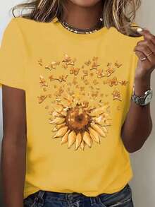 Camiseta Feminina Premium 100% Algodão Confortável Estilosa Soifisticada Modelo: Girassol Despedaçando- Novidade Promoção Especial - Amarelo - Visão 1