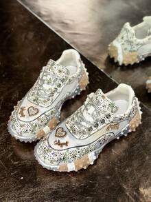 2026 Season New Rhinestone Shiny Women's Sneakers, Breathable Crystal Casual Flat Shoes, Fashionable Versatile Platform Party Shoes - Silver - View 5