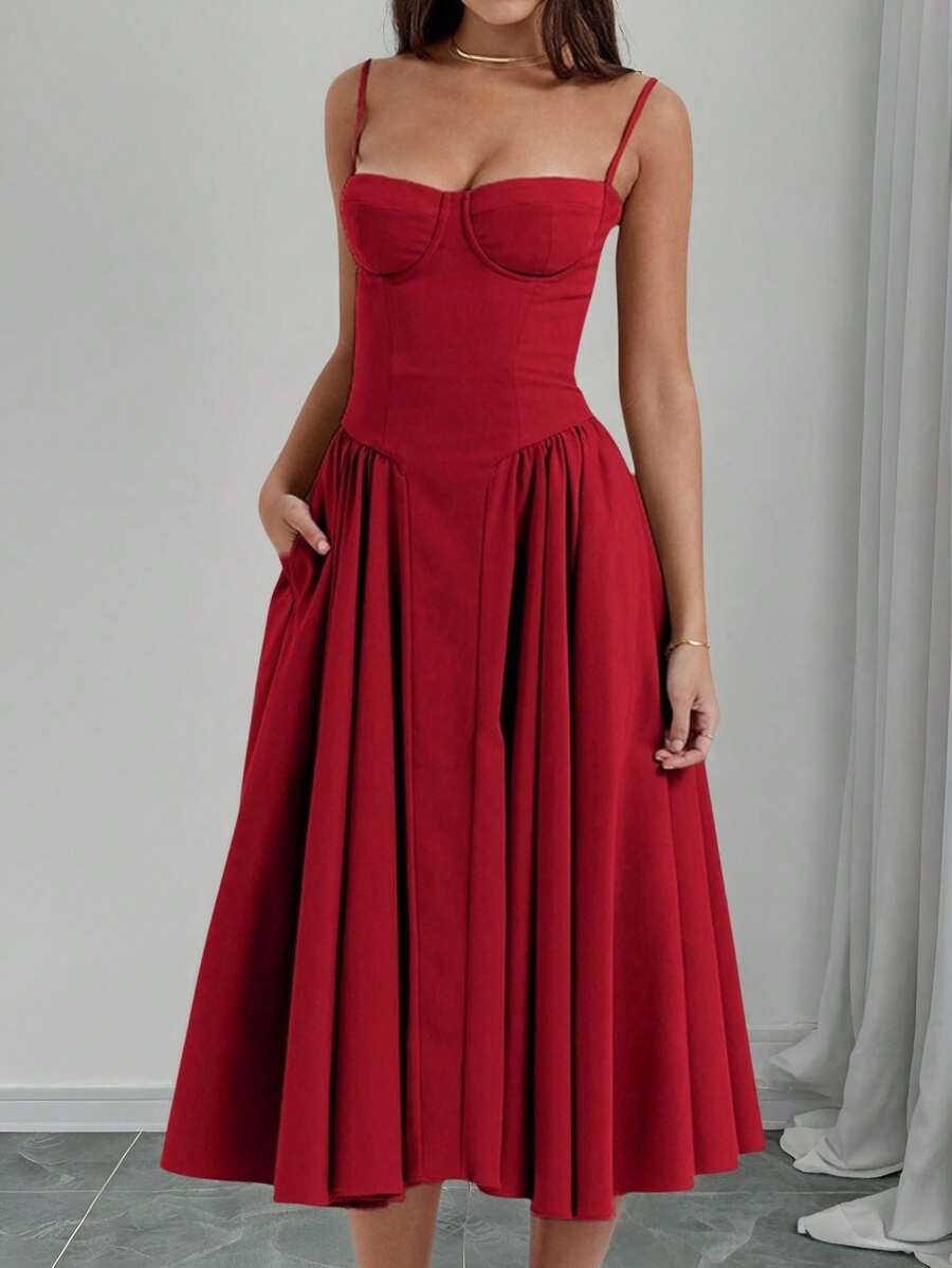 Vestido De Tirantes Con Cintura Acampanada,Versátil Y Elegante Para Citas Y Fiestas,Con Cordón De Muslo Con Abertura - Rojo - Ver 1