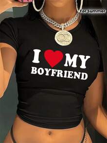 I Love My Boyfriend Graphic Crop Top T-Shirt - Soft Stretchy Short Sleeve Tee For Women, Black With Red Heart Design, Casual Summer Wear, Ladies T Shirts - 黑色 - 查看 1