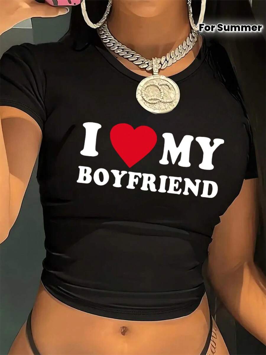 I Love My Boyfriend Graphic Crop Top T-Shirt - Soft Stretchy Short Sleeve Tee For Women, Black With Red Heart Design, Casual Summer Wear, Ladies T Shirts - 黑色 - 查看 1