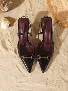 On feet& in love 女士时尚优雅漆皮尖头低帮金属链条搭扣高跟鞋，适合搭配连衣裙和婚礼服饰 - 黑色 - 查看 6