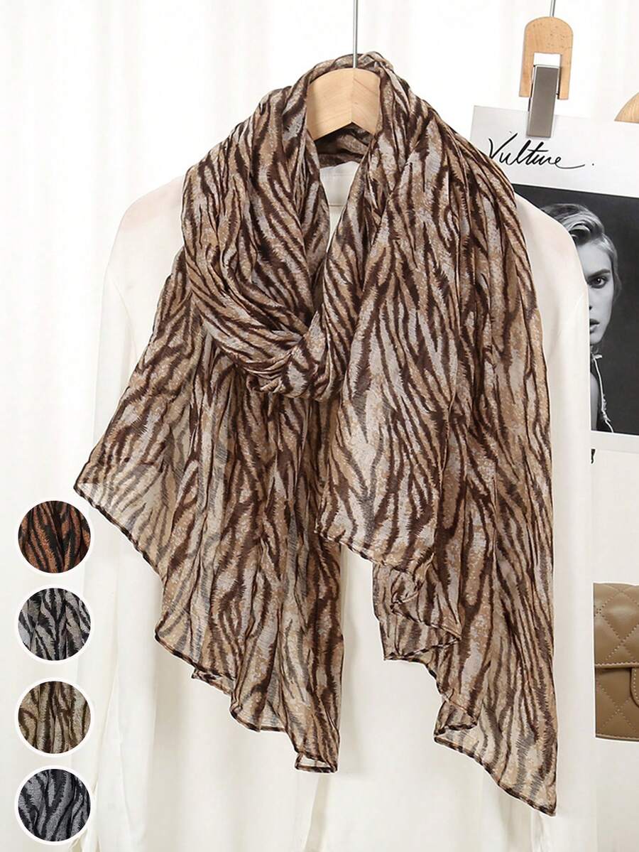 1条新款夏季巴厘岛薄纱斑马纹围巾，女士穆斯林头巾，轻薄优雅长款头巾，日常旅行拍照，防晒披肩，家庭度假礼物 - 彩色 - 查看 1